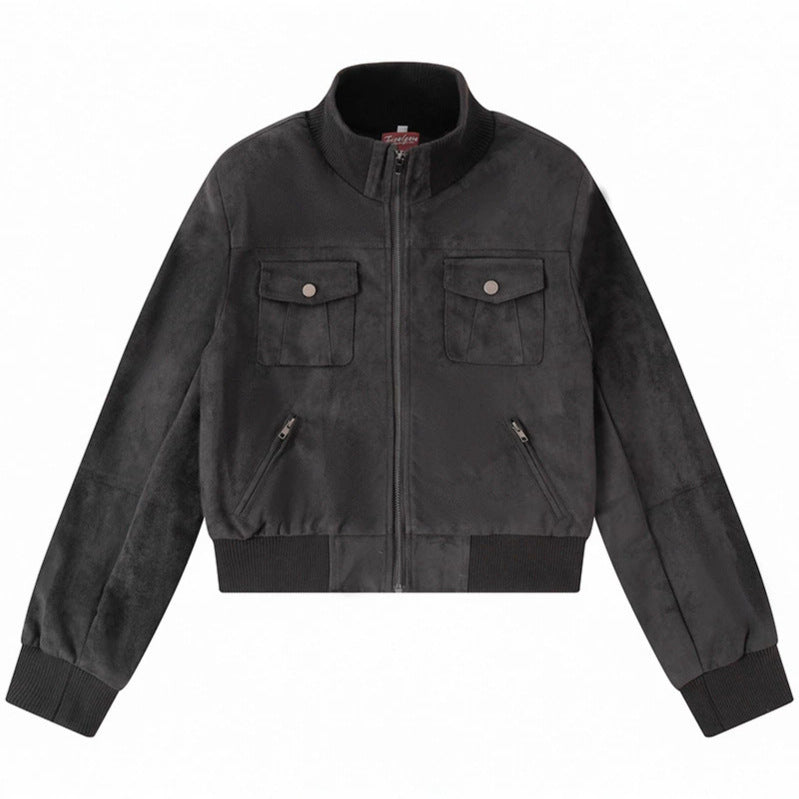 Women's Short-Cut Bomber Jacket Made of Velour Imitation with Chest Pockets and Zipper Pockets Mune Fashion
