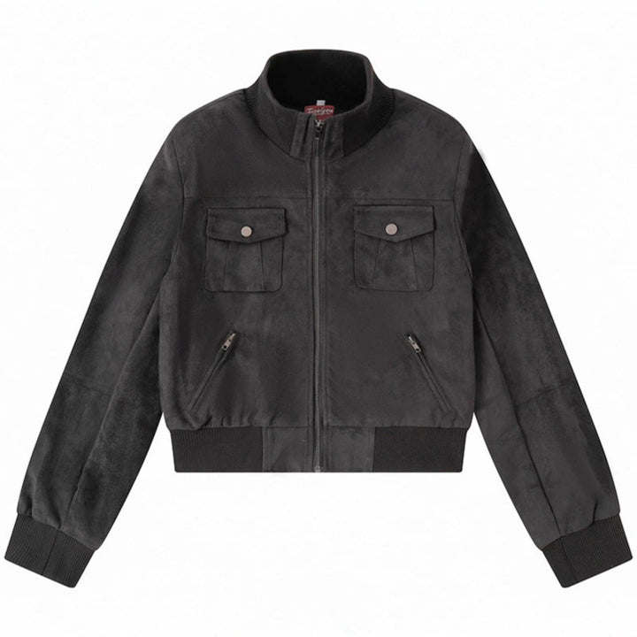 Women's Short-Cut Bomber Jacket Made of Velour Imitation with Chest Pockets and Zipper Pockets Mune Fashion