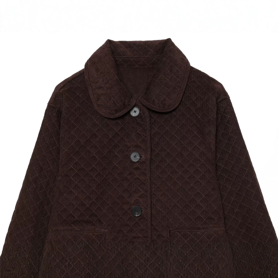 Women's Quilted Cord Jacket in Boxy Cropped Cut with Round Collar and Flap Pockets Mune Fashion