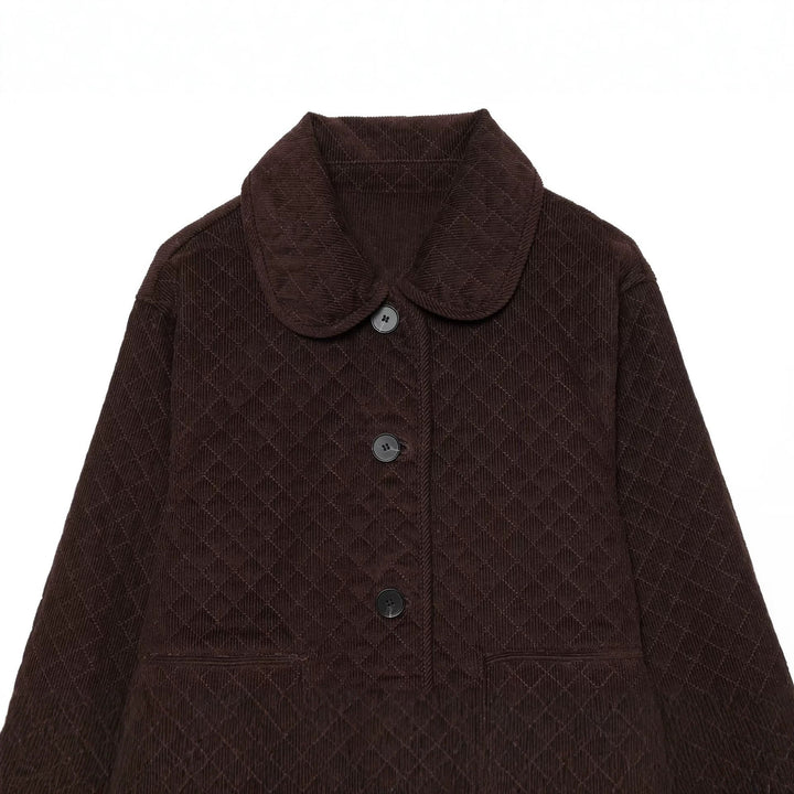 Women's Quilted Cord Jacket in Boxy Cropped Cut with Round Collar and Flap Pockets Mune Fashion