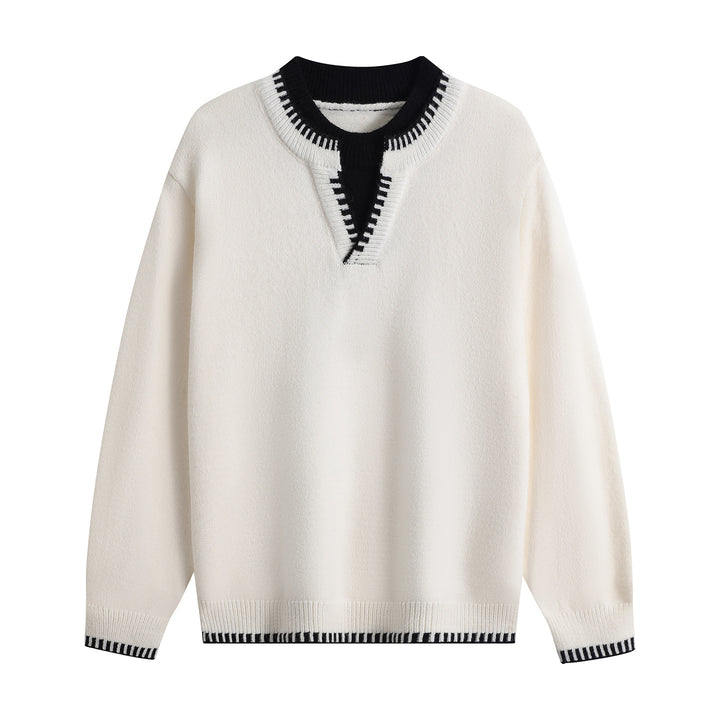 Unisex Oversize Fine Knit Sweater with V Notch & Contrasting Ribbed Collar Mune Fashion