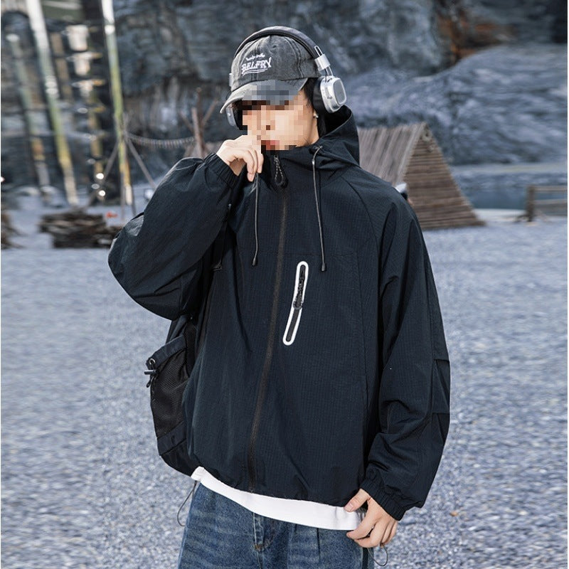 Men's Breathable Hooded Field Jacket with Stowable Hood and Reflective Chest Zipper Mune Fashion