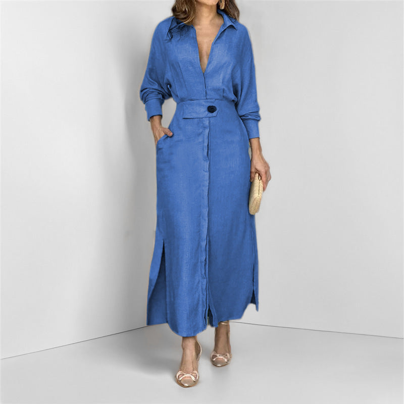 Women’s Linen Maxi Dress with Shirt Collar, Waist Belt and Side Slits Mune Fashion