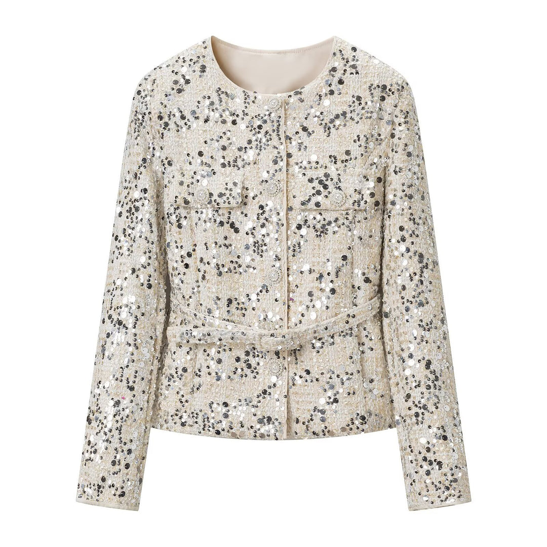 Women's short jacket made of bouclé with sequin trim, decorative pearl buttons, and a belted waist Mune Fashion