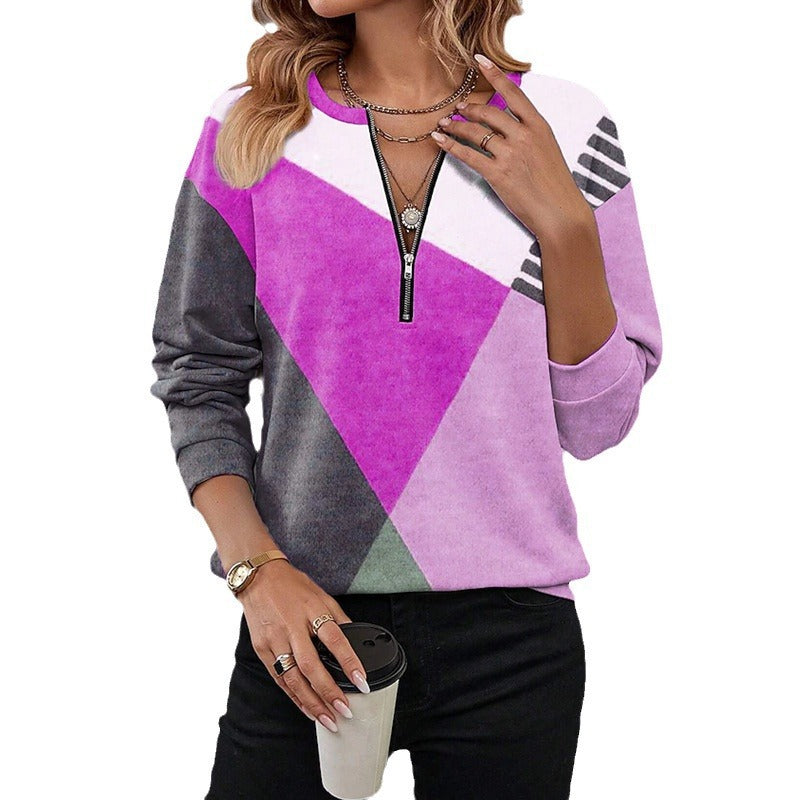 Women's leisure sweatshirt with half zipper and geometric color block pattern Mune Fashion