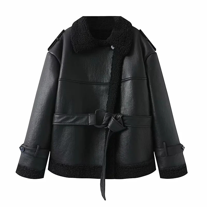 Women's short oversized faux leather coat with teddy collar, shawl collar, and wrap belt Mune Fashion