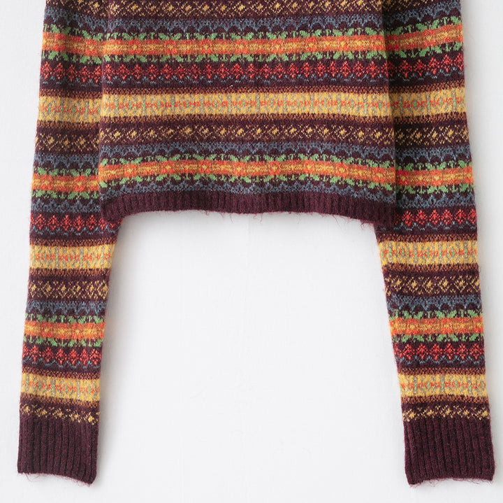 Women's Short-Cut Fair-Isle Cardigan with Round Neckline and Button Placket Mune Fashion