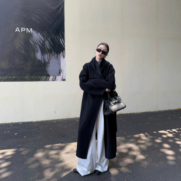 Women Oversize Wool Coat with Shawl Collar and Concealed Button Placket Mune Fashion