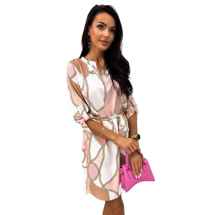 Women's relaxed fall shirt dress with chain print, detachable waist belt and roll-up three-quarter sleeves Mune Fashion