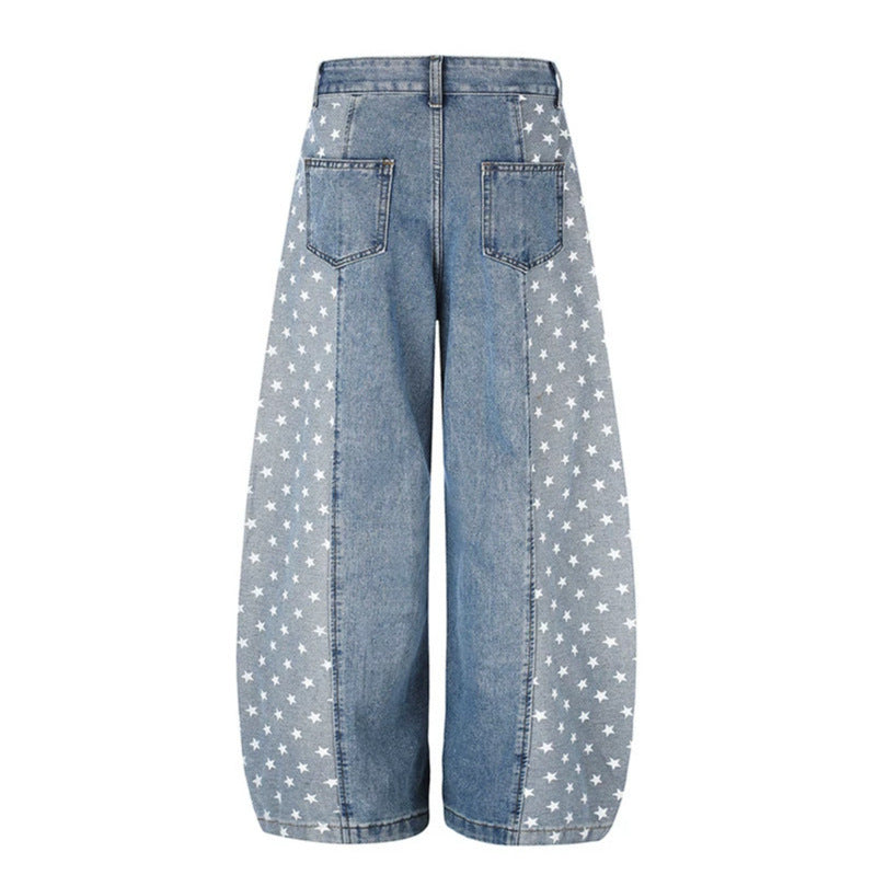 Women's Wide Denim Palazzo Pants with Contrast Sides, Star Print and Patch Pockets Mune Fashion