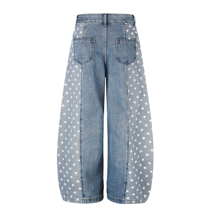 Women's Wide Denim Palazzo Pants with Contrast Sides, Star Print and Patch Pockets Mune Fashion