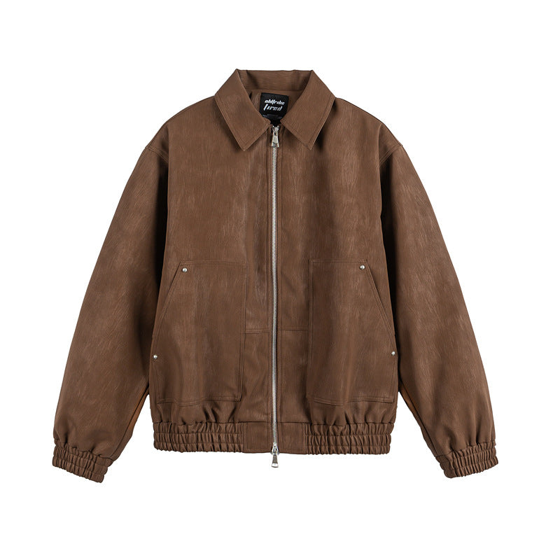 Men's leather-like blouson with shirt collar, two-way zipper, and elastic hem Mune Fashion