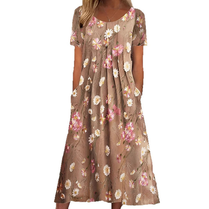 Women's nan Blumenswing midi dress with round neckline, inset pockets, and structured crepe quality Mune Fashion