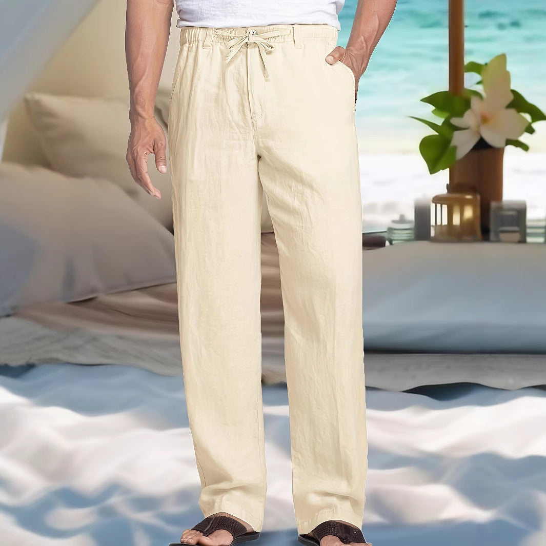 Men's Lightweight Linen-Cotton Pants with Elastic Waistband, Drawstring and Straight Leg Mune Fashion