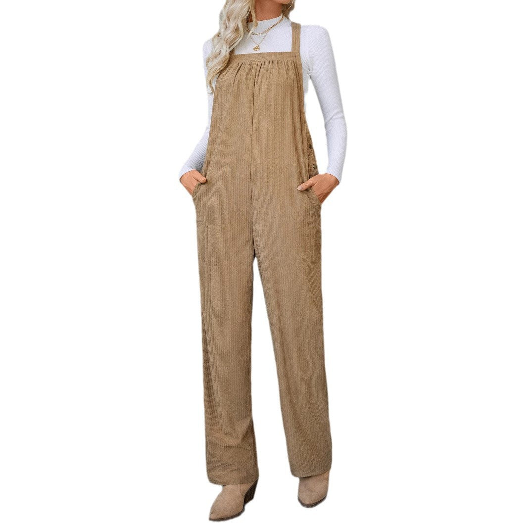 Women's corduroy overalls with wide leg, bib and side button placket Mune Fashion