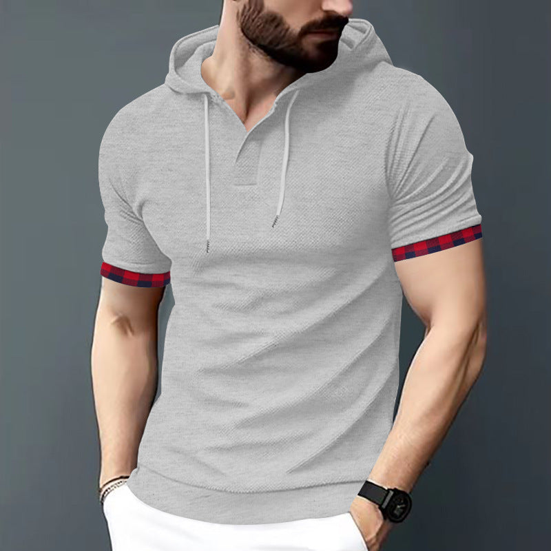 Men's fitted short sleeve hooded polo shirt with Henley placket and drawstring Mune Fashion
