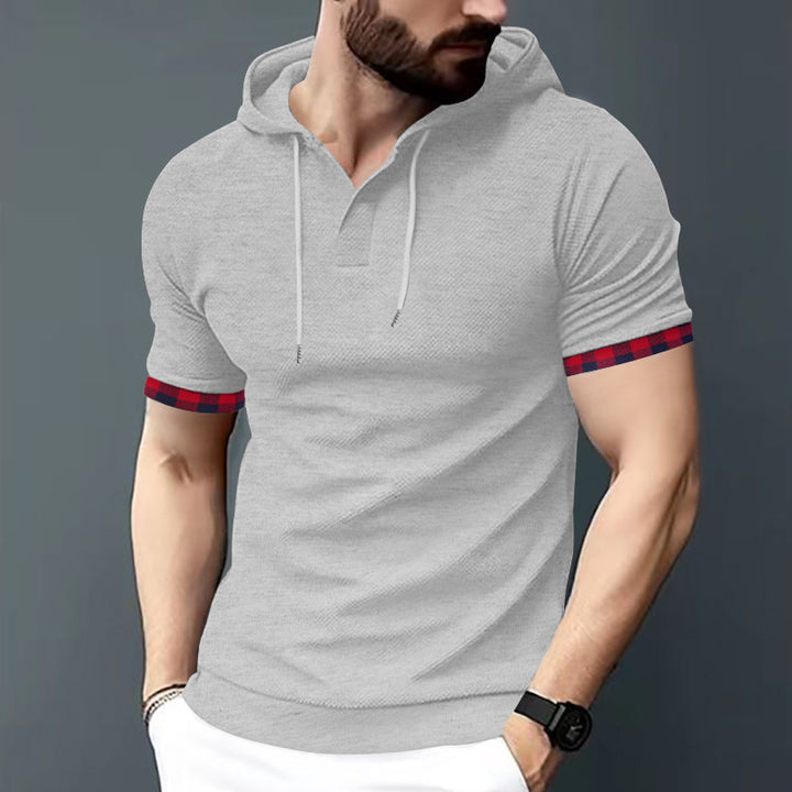 Men's fitted short sleeve hooded polo shirt with Henley placket and drawstring Mune Fashion