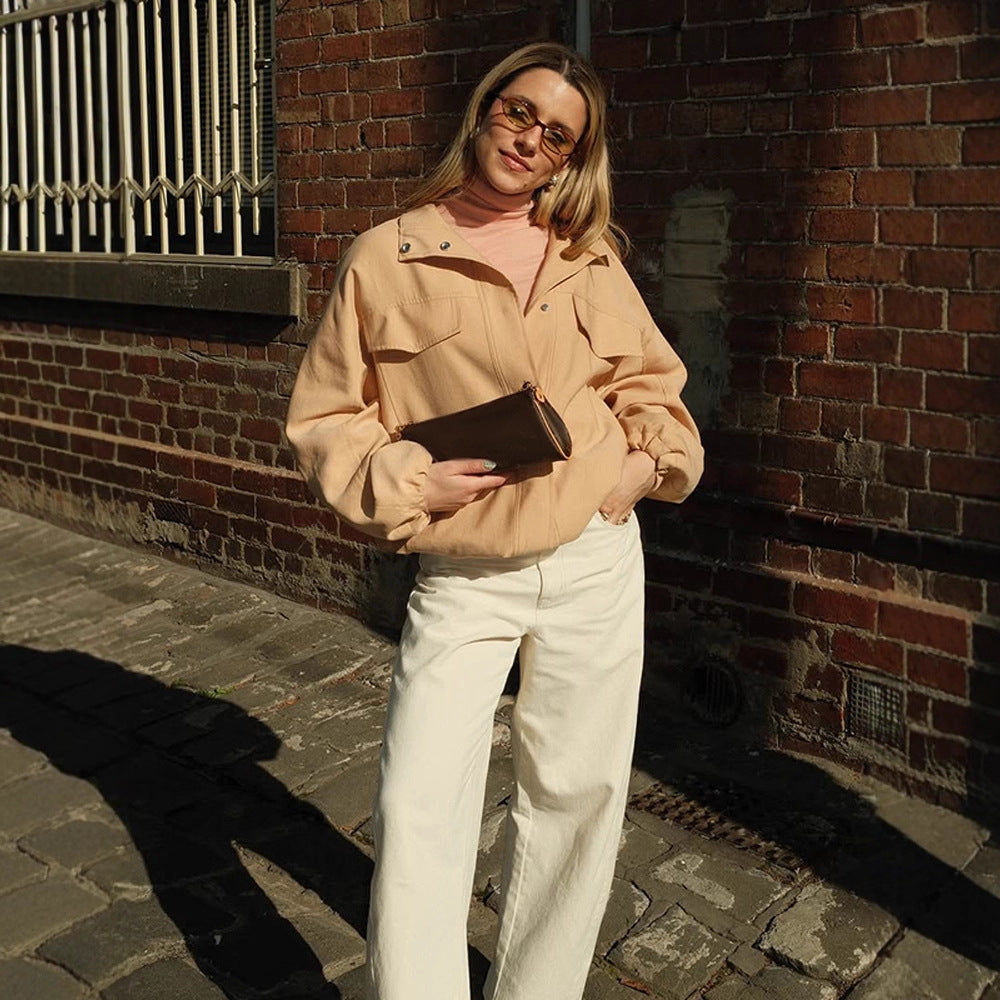Women's cropped blouson jacket with dropped balloon sleeves, flap pockets, and concealed front placket Mune Fashion