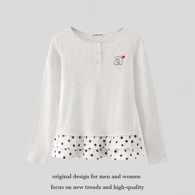 Women's Long Sleeve Henley Layering Top with Ruffle Underlay and Heart Patch Mune Fashion