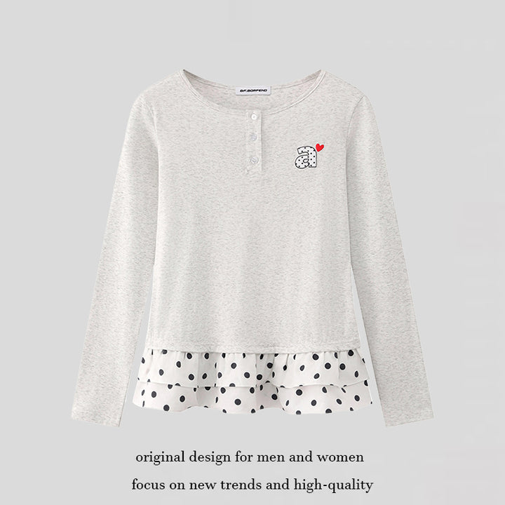 Women's Long Sleeve Henley Layering Top with Ruffle Underlay and Heart Patch Mune Fashion