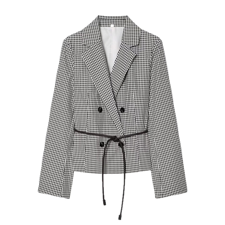 Women's Short Blazer Double-Breasted in Vichy Check with Drawstring Waist Mune Fashion