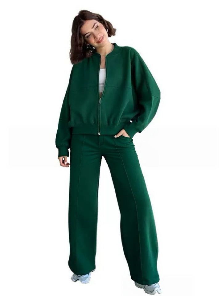 Women’s cropped bomber jacket with zipper and loose high-waist joggers set Mune Fashion