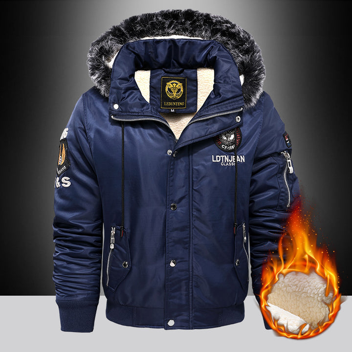Men's padded thermo bomber jacket with Sherpa lining, removable faux fur hood, and water-repellent nylon outer shell Mune Fashion