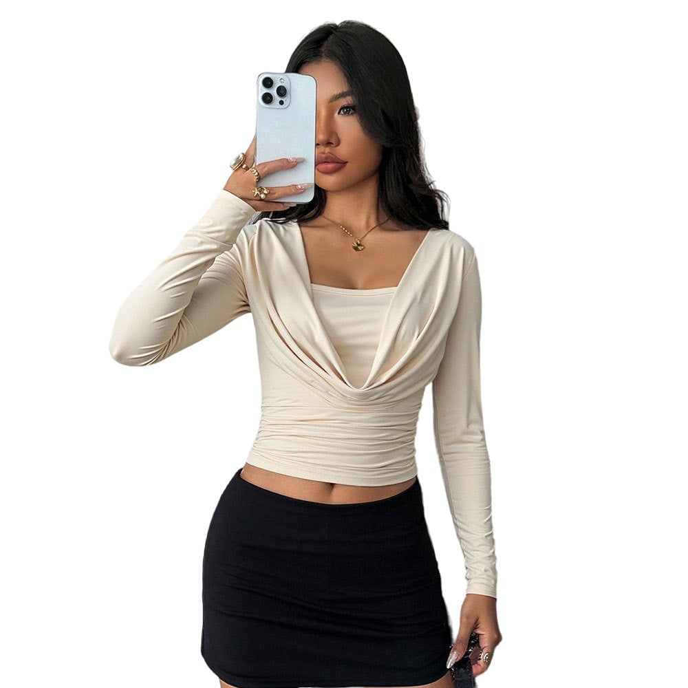 Women's draped long-sleeve cropped top with waterfall cowl underlayer insert and tailored gathering Mune Fashion