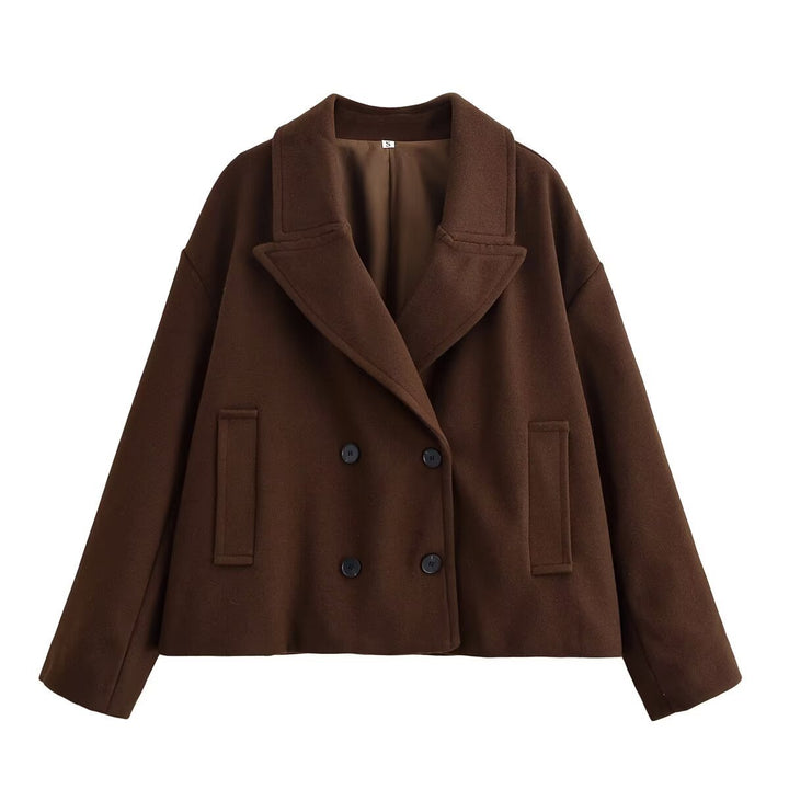 Women short cut wool blend peacoat with wide lapels and side pockets Mune Fashion