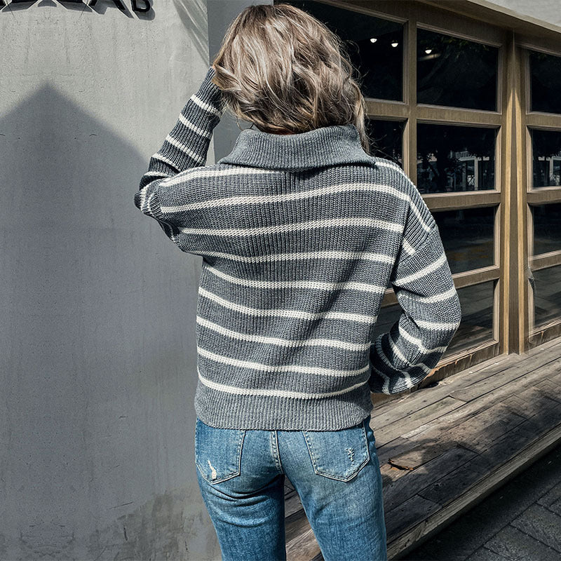 Women's Maritime Striped Sweater made of Chunky Knit with Short Hem and Stand-Up Collar Mune Fashion