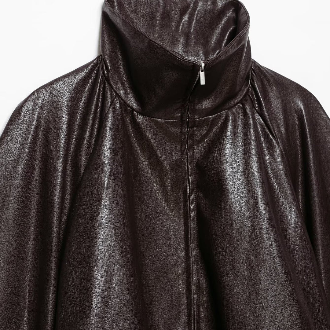 Women's Oversize Jacket in Leather Look with High Funnel Collar, Raglan Sleeves and Drawstring Hem Mune Fashion