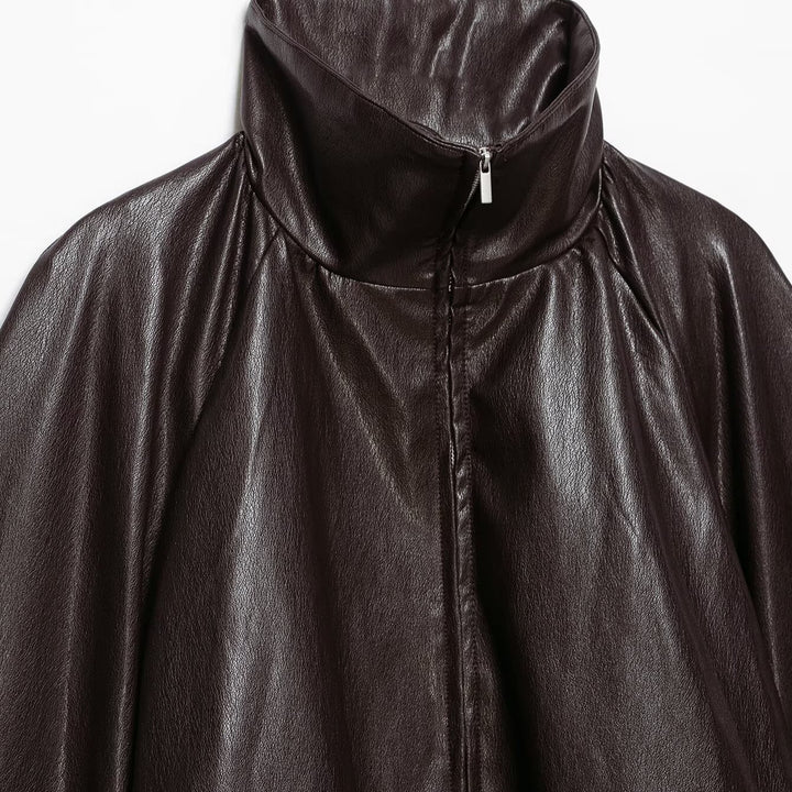Women's Oversize Jacket in Leather Look with High Funnel Collar, Raglan Sleeves and Drawstring Hem Mune Fashion