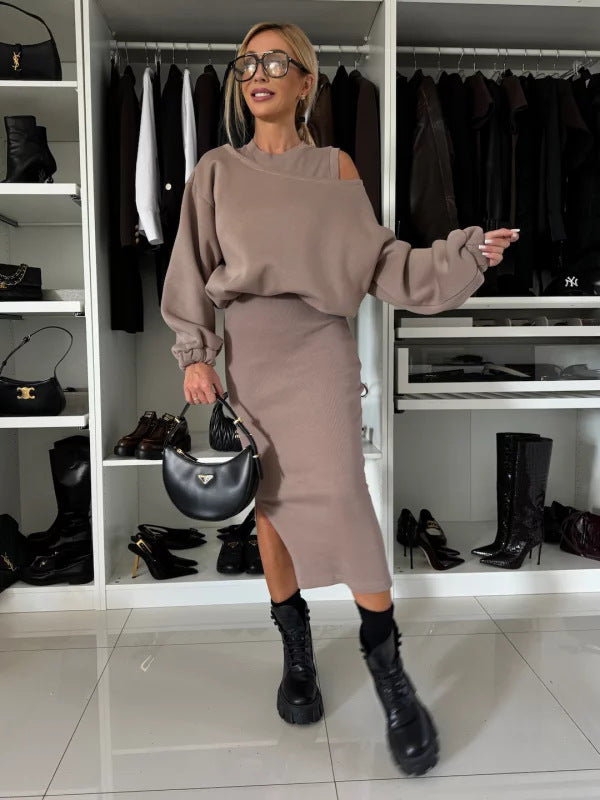 Women's Comfortable Sweatset with One-Shoulder Cutout and Tailored Midi Skirt Mune Fashion