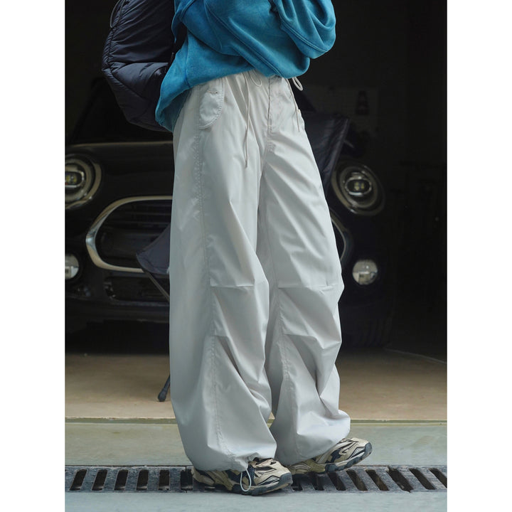Women's Extra Wide Nylon Cargo Pants with Drawstring Waist and Attached Pockets Mune Fashion