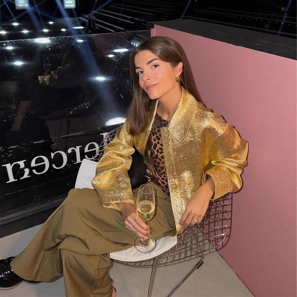 Women Short Textured Metallic Bomber Jacket with Boxy Silhouette Mune Fashion