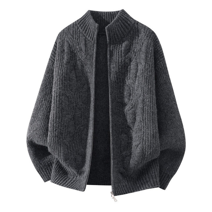 Women Soft Oversized Cable Knit Cardigan with Stand Collar & Two-Way Zipper Mune Fashion