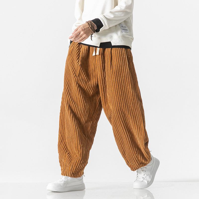 Men's Loose-Fit Corduroy Balloon Pants with Drawstring and Wide Rib Relief Mune Fashion