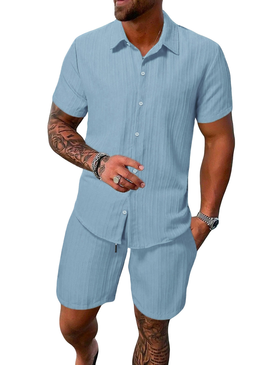 Men's lightweight short-sleeve shirt with open collar and matching casual shorts made of textured cotton blend Mune Fashion