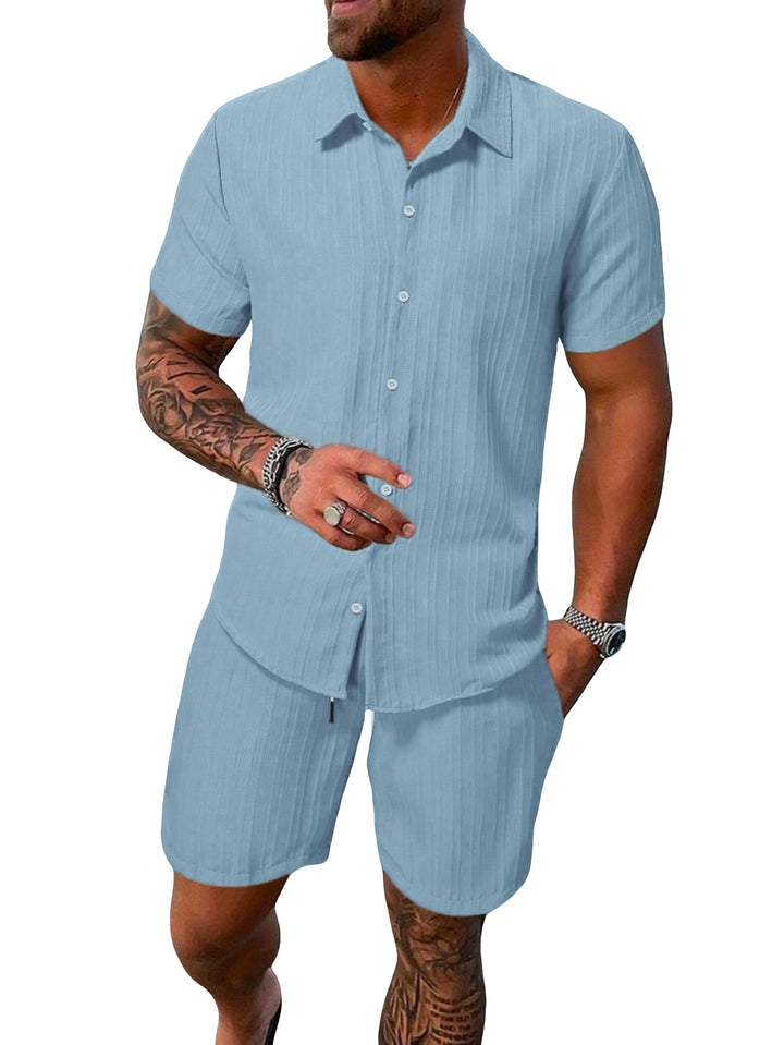 Men's lightweight short-sleeve shirt with open collar and matching casual shorts made of textured cotton blend Mune Fashion