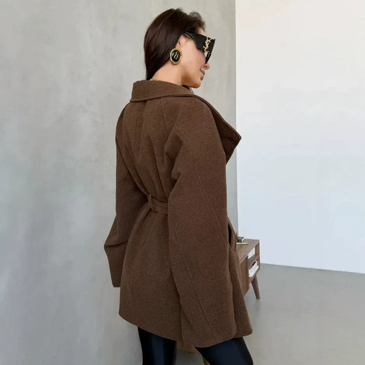 Women's short coat in cocoon cut made of wool blend with oversized shawl collar and tie belt Mune Fashion