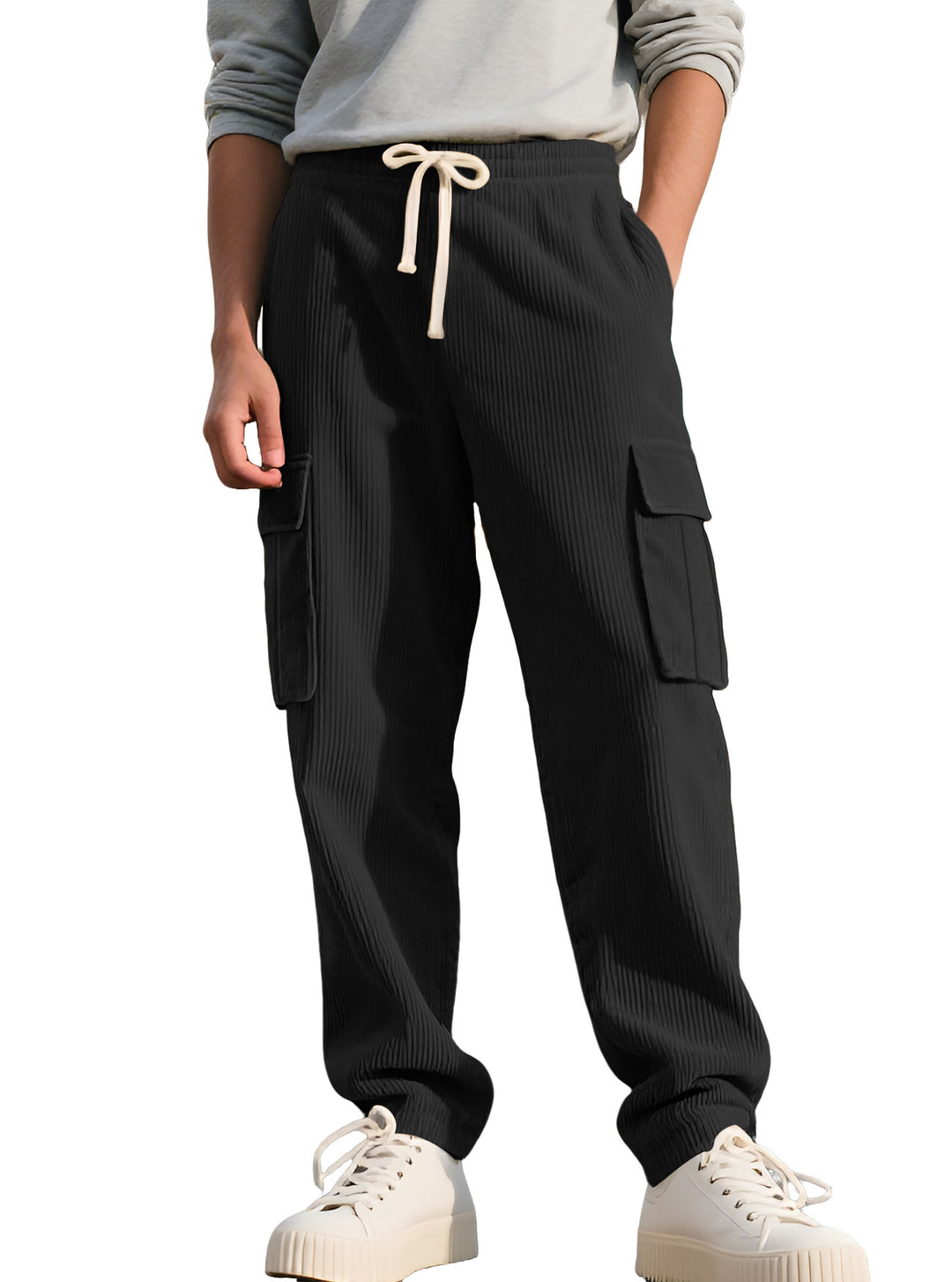 Men's casual utility cargo joggers with vertical ribbed structure, drawstring waistband, and large flap pockets Mune Fashion