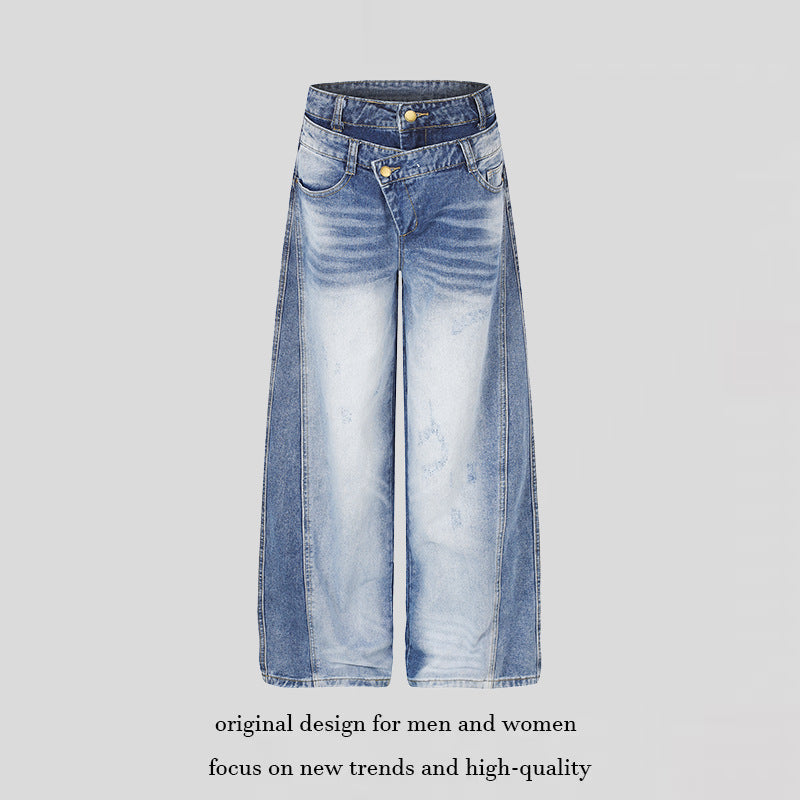 Women's jeans pants with wide culotte cut, asymmetrical double waistband and contrast side panels Mune Fashion