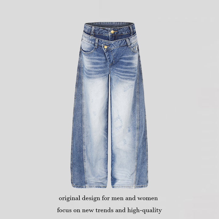 Women's jeans pants with wide culotte cut, asymmetrical double waistband and contrast side panels Mune Fashion