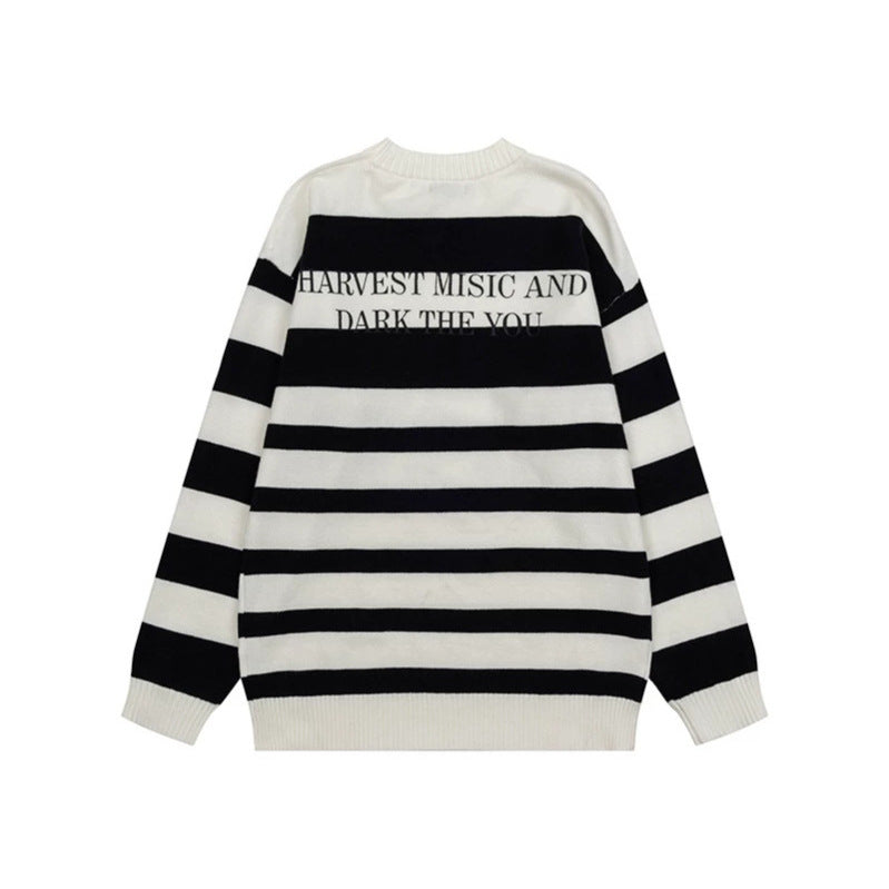 Women Striped Oversized Knit Sweater with Round Neck and Music Graphic Mune Fashion