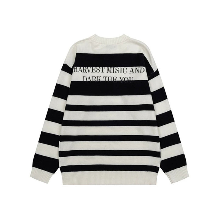 Women Striped Oversized Knit Sweater with Round Neck and Music Graphic Mune Fashion