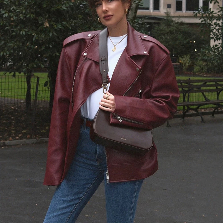Women Oversize Biker Jacket made of textured synthetic leather with asymmetrical zipper Mune Fashion