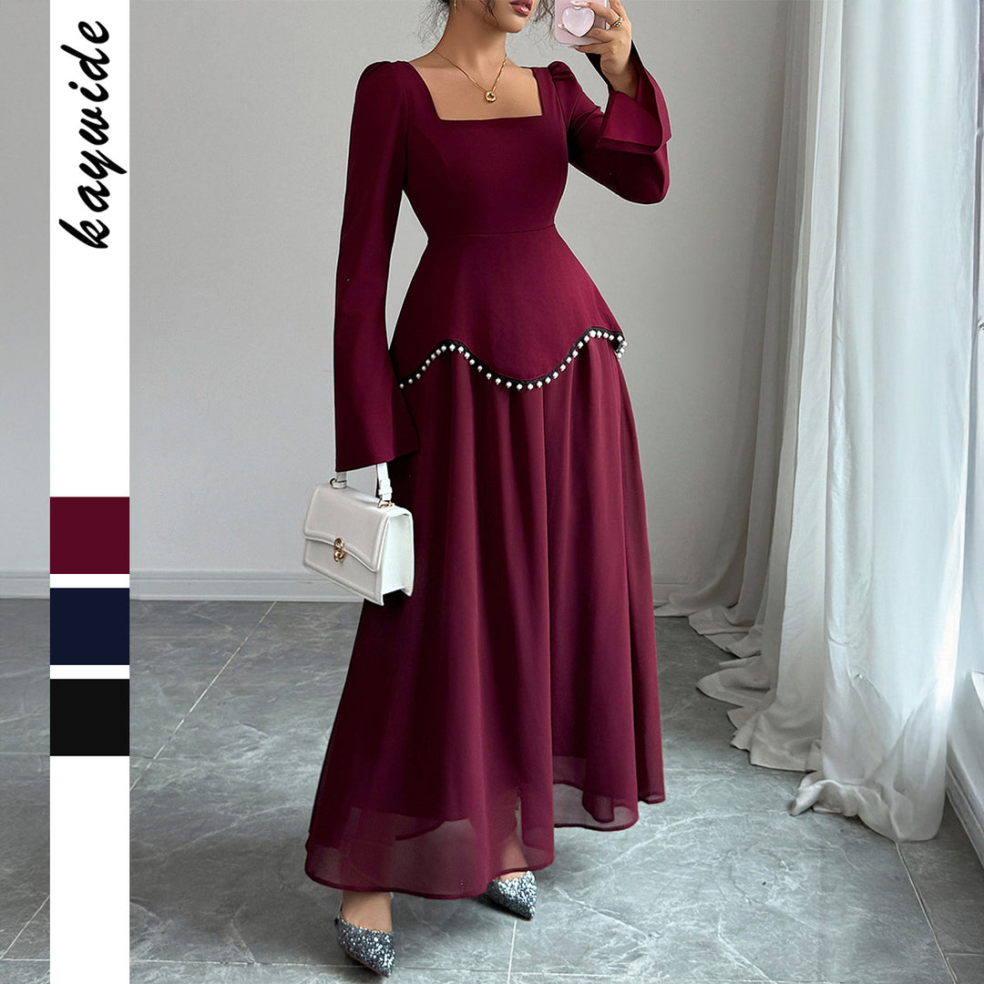 Ladies' elegant maxi dress with square neckline, fitted peplum yoke, and pearl trim Mune Fashion