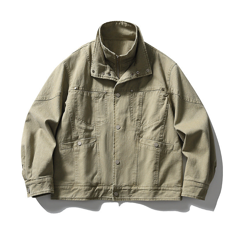 Men's Oversized Canvas Jacket with Stand-Up Collar, Snap Button Front and Concealed Zipper Interior Insert Mune Fashion