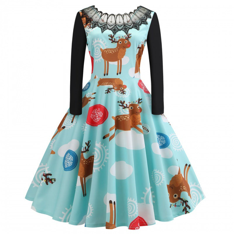 Women Festive Retro Swing Dress with Long Sleeve A-Line Cut and Reindeer Print Mune Fashion