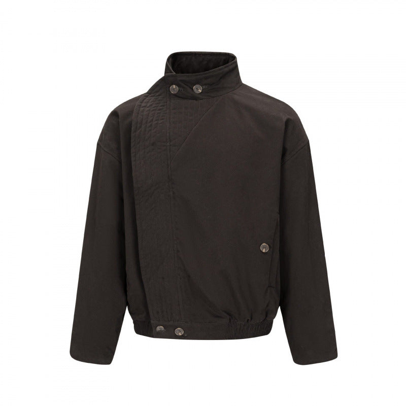 Men's Asymmetric Short Jacket with Stand Collar, Quilted Front Placket and Elastic Hem Mune Fashion
